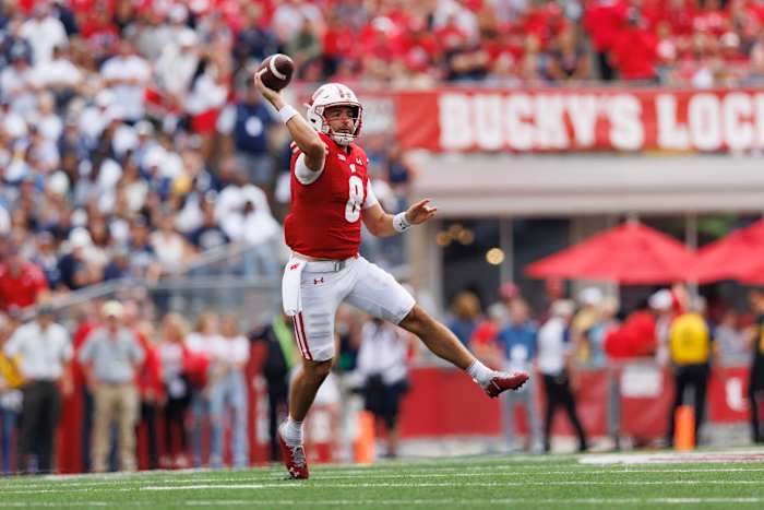 Sep 16, 2023; Madison, Wisconsin, USA; Wisconsin Badgers quarterback Tanner Mordecai (8) during the game against the Georgia Southern Eagles at Camp Randall Stadium. Mandatory Credit: Jeff Hanisch-USA TODAY Sports